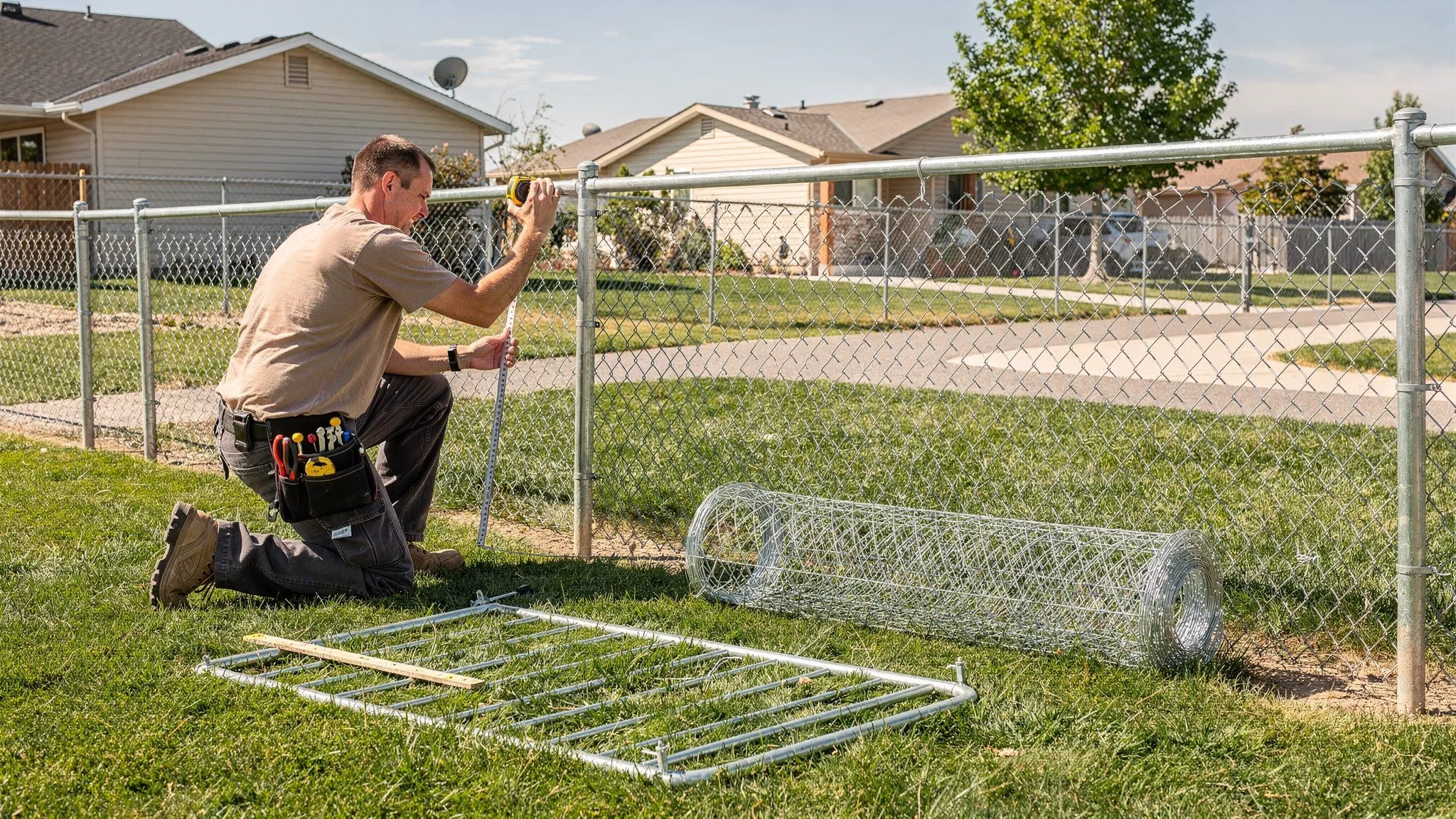 A professional fence installer measuring a chain link fence line with posts, top rail, gate frame, and rolled galvanized fabric laid out on a residential property in Twin Falls, Idaho.