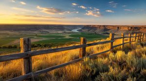 Wooden post-and-rail fence line over irrigated farmland and the Snake River canyon in southern Idaho